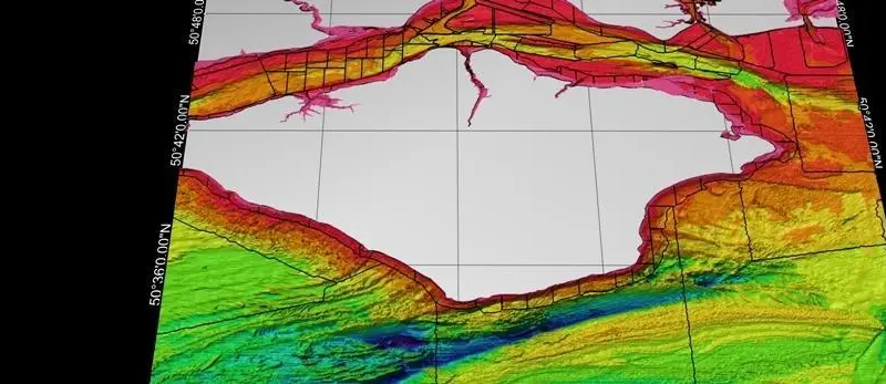 De-conflicted survey extents overlaid on the bathymetric model of the Solent and waters surrounding the Isle of Wight.