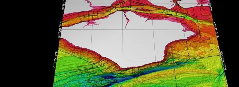 De-conflicted survey extents overlaid on the bathymetric model of the Solent and waters surrounding the Isle of Wight.