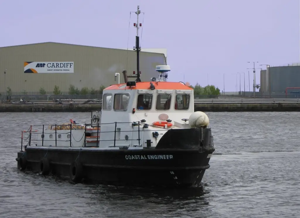 The workboat Coastal Engineer, an ex-MOD passenger launch specially adapted by MCS, is seen in Cardiff supporting diving operations.