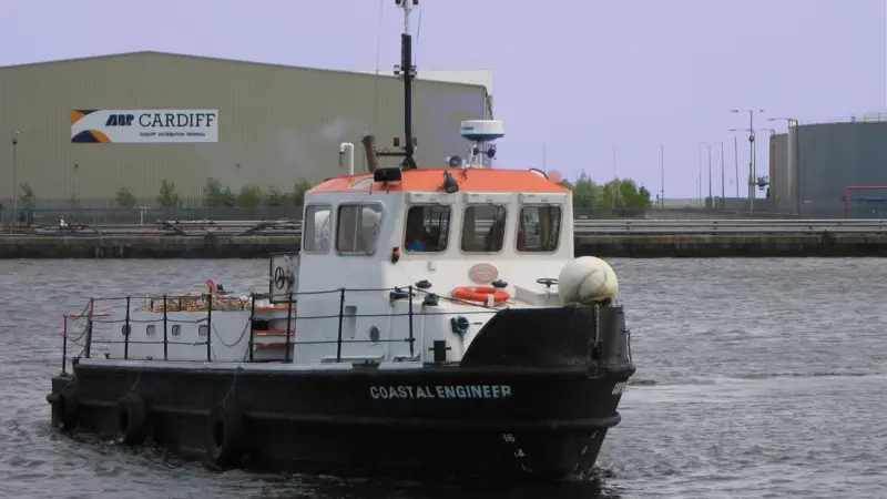 The workboat Coastal Engineer, an ex-MOD passenger launch specially adapted by MCS, is seen in Cardiff supporting diving operations.