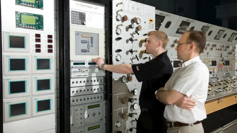 The HeliCom Matrix alongside other life support instrumentation within the control room of a saturation diving system at the Divex headquarters in Westhill, Scotland.