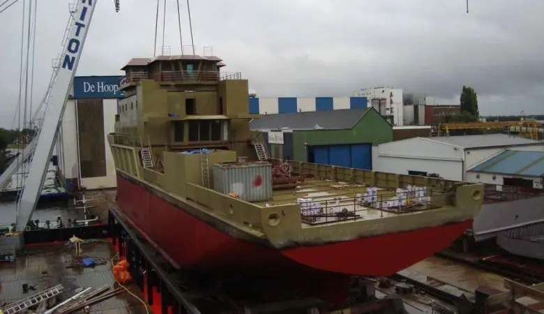 ‘Noordhoek Pathfinder’, Noordhoek Survey’s new ROV survey vessel undergoing construction at De Hoop Foxhol’s yard in Groningen.
