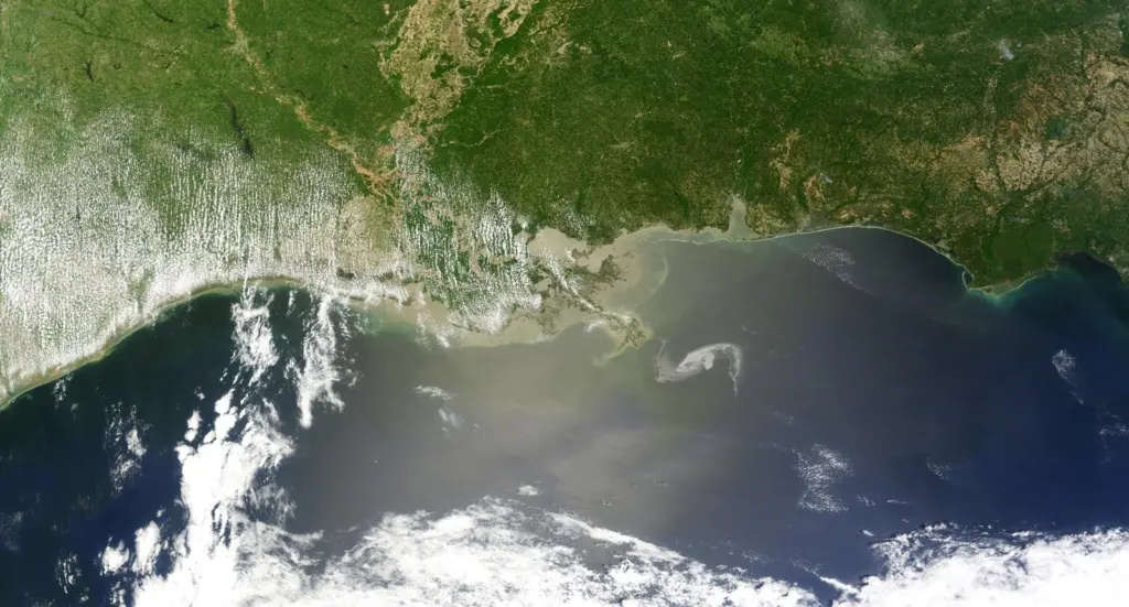 The oil spill creeps closer to the Mississippi Delta. Photo: NASA