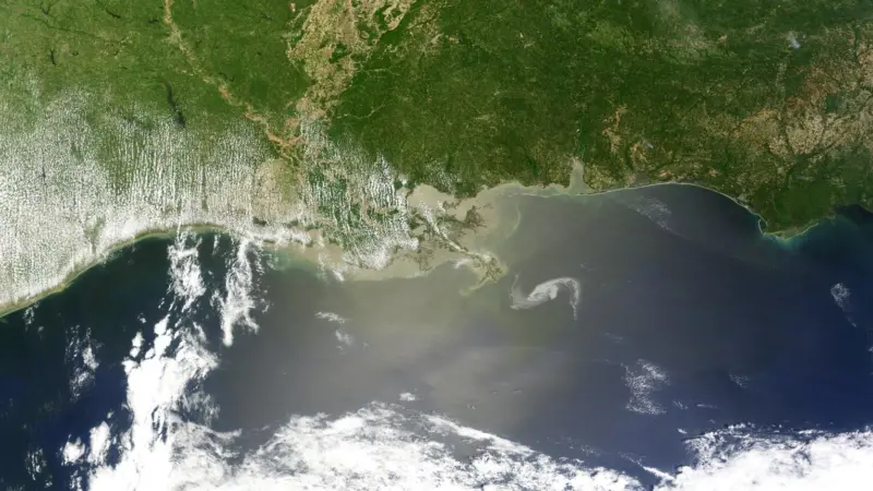 The oil spill creeps closer to the Mississippi Delta. Photo: NASA