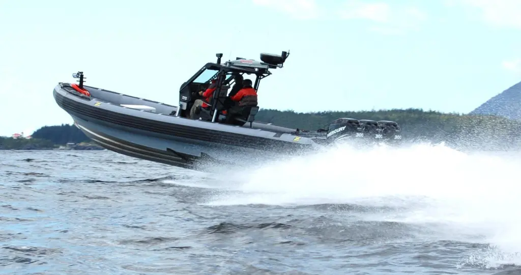 A Zodiac H1100 Hurricane RIB equipped with the Shockwave Integrated Control Environment (ICE).