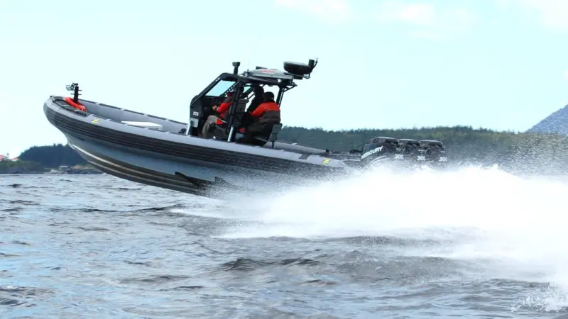 A Zodiac H1100 Hurricane RIB equipped with the Shockwave Integrated Control Environment (ICE).
