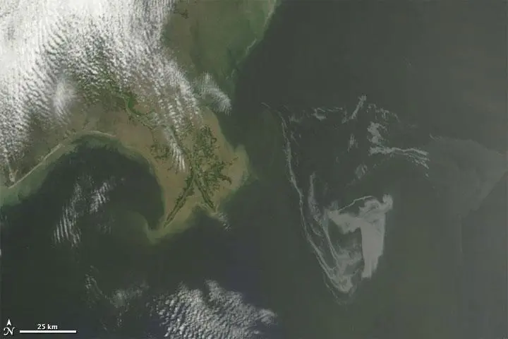 The oil spill has been growing at a rate of an estimated 210,000 gallons a day. Photo: NASA.