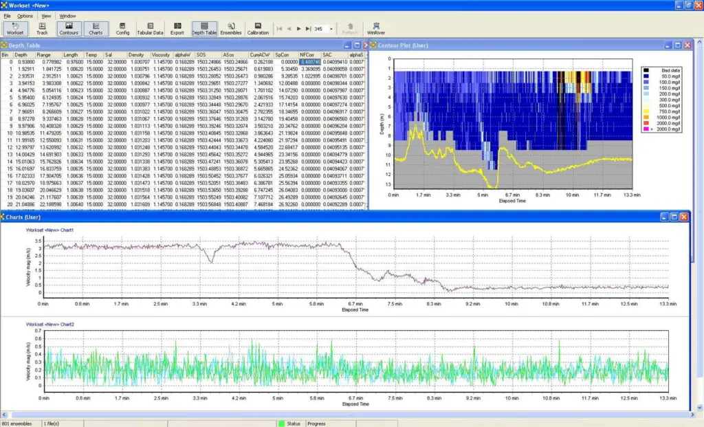 In this typical Sediview screenshot, the contour plot in the top right hand corner shows sediment concentration.
