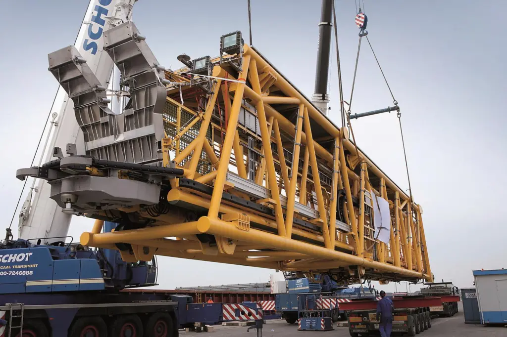 OSBV ‘ s  40m heave compensated offshore access system (OAS) is seen  being transported to the shipyard in Spain, where it will be installed this month.
