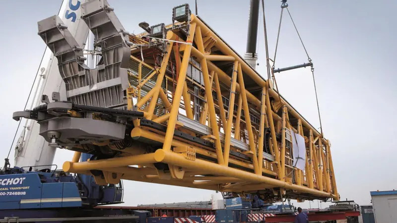 OSBV ‘ s  40m heave compensated offshore access system (OAS) is seen  being transported to the shipyard in Spain, where it will be installed this month.