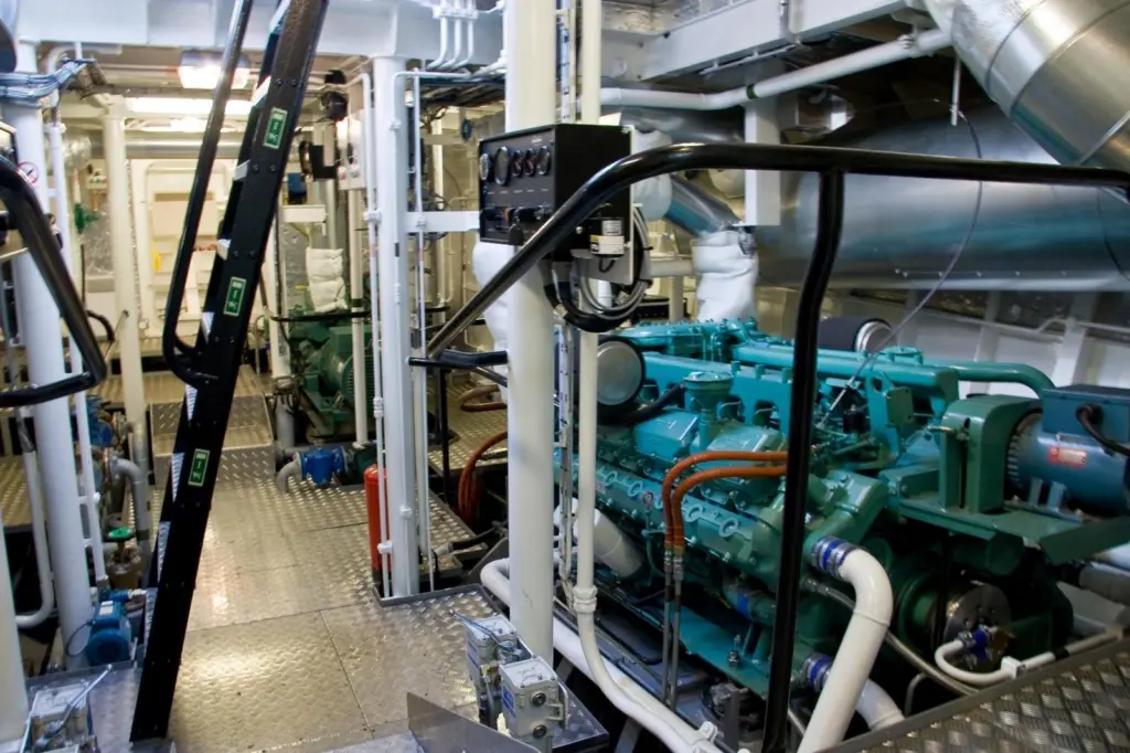 A WaterMota supplied Doosan 4V222 TIH main engine is seen in the tidy engine room of ‘Sally McLoughlin’, a 16m harbour tug built by Macduff Shipyards for John McLoughlin Shipping Ltd.