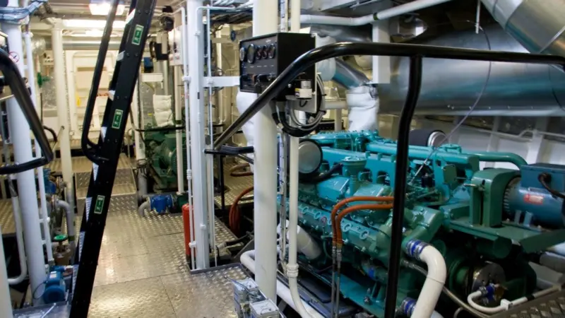 A WaterMota supplied Doosan 4V222 TIH main engine is seen in the tidy engine room of ‘Sally McLoughlin’, a 16m harbour tug built by Macduff Shipyards for John McLoughlin Shipping Ltd.