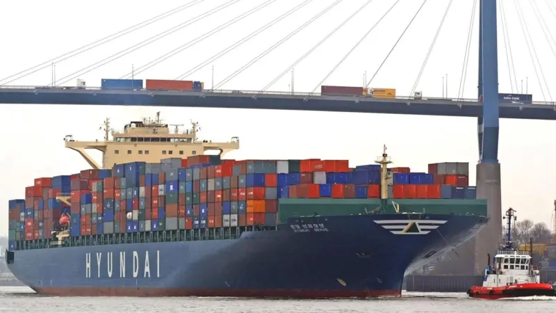 New Hamburg visitor CMA CGM 'Christophe Colomb' is twice as big as this ship, seen negotiating the Elbe at Hamburg.