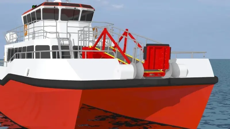 The Turbine Access System in its stowed position at the bow of a new design TSV series aluminium wind farm catamaran.
