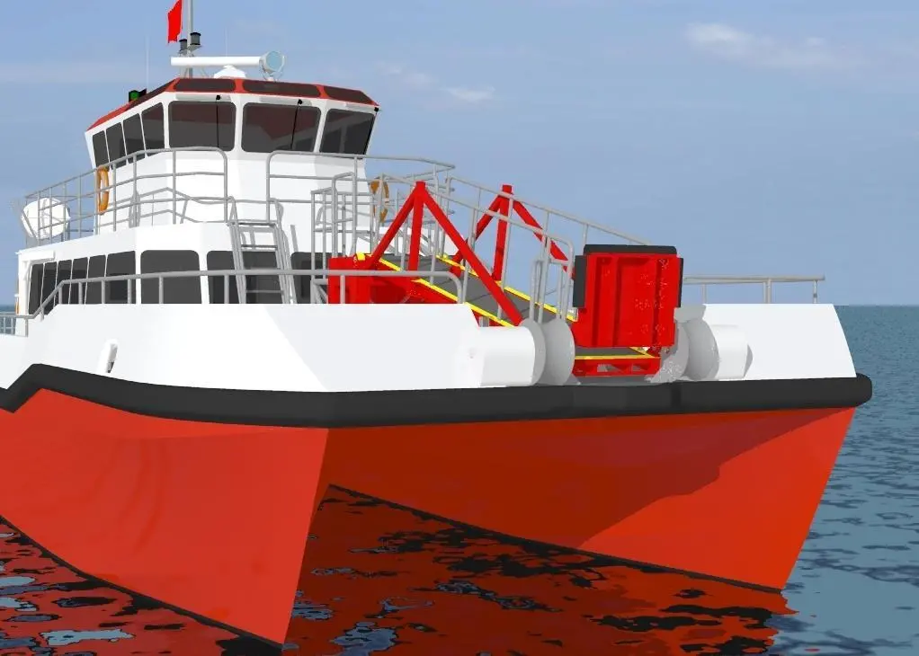 The Turbine Access System in its stowed position at the bow of a new design TSV series aluminium wind farm catamaran.