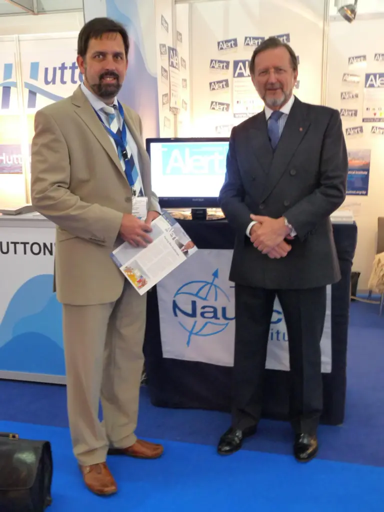 David Patraiko, Director of Projects, The Nautical Institute and David Moorehouse, Chairman of The Lloyd's Register Educational Trust launch the Vodcasts project at Posidonia 2010 in Athens.