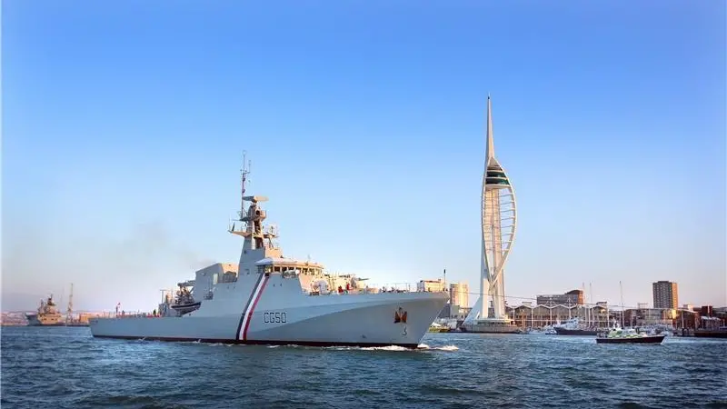 The first of the new OPVs, Port of Spain, is seen in Portsmouth Harbour.