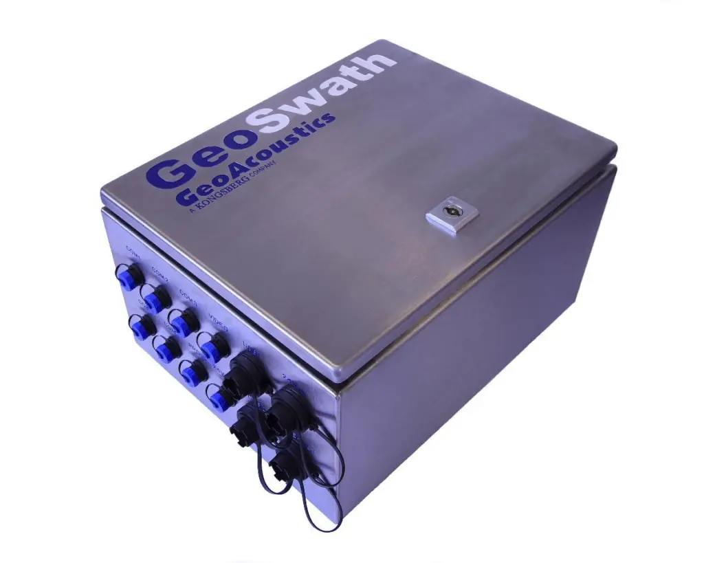 The deck unit of GeoAcoustics’ new Geoswath Plus phase measuring bathymetric sonar system, available with a complete software package.