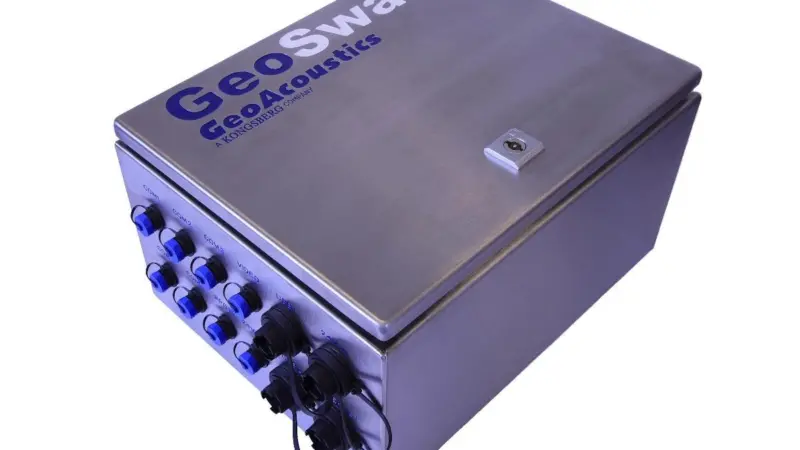 The deck unit of GeoAcoustics’ new Geoswath Plus phase measuring bathymetric sonar system, available with a complete software package.