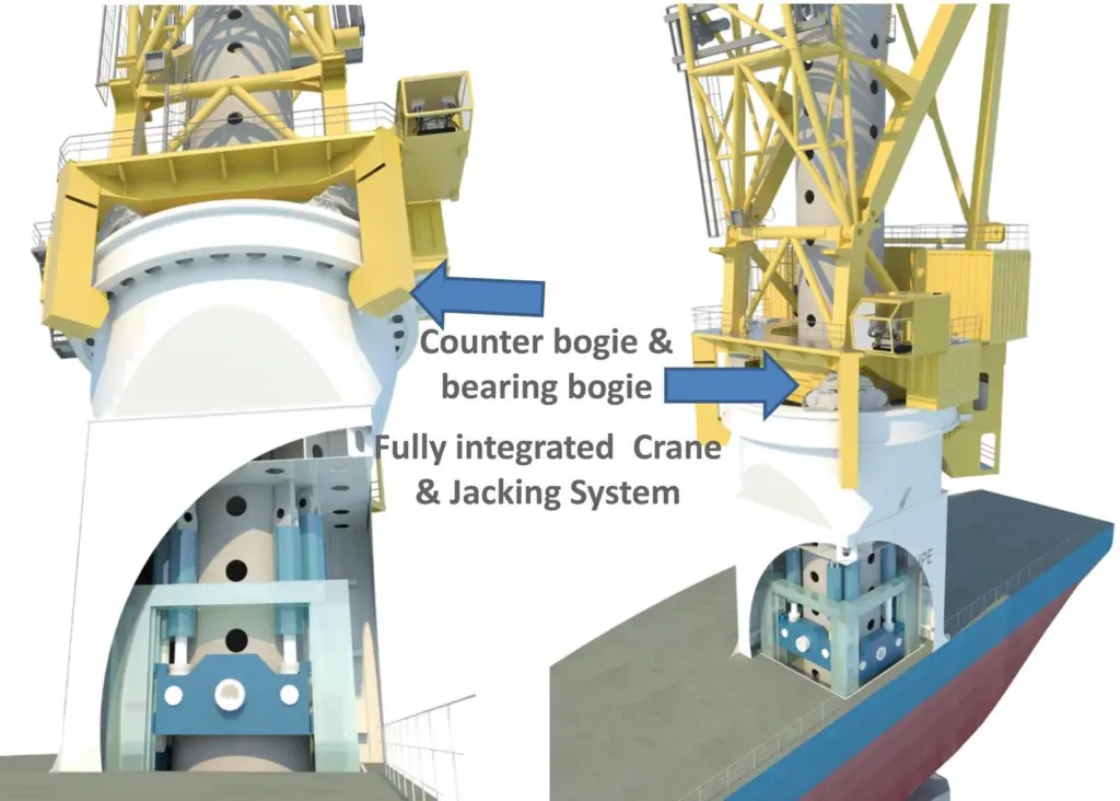 The leg and crane design maximises deck space, an issue for wind turbine installation vessels.