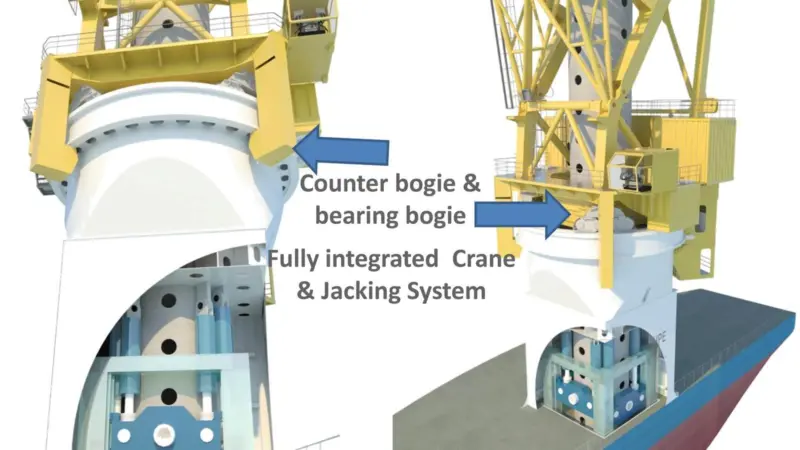 The leg and crane design maximises deck space, an issue for wind turbine installation vessels.