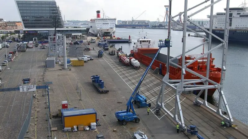 Schwedenkai’s new ro-ro facility and gangway, with the imposing new terminal behind.
