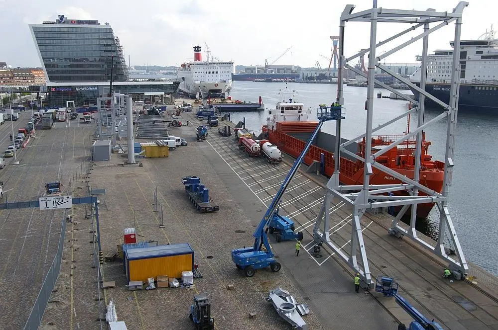 Schwedenkai’s new ro-ro facility and gangway, with the imposing new terminal behind.