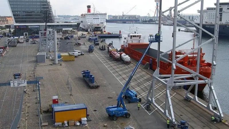 Schwedenkai’s new ro-ro facility and gangway, with the imposing new terminal behind.