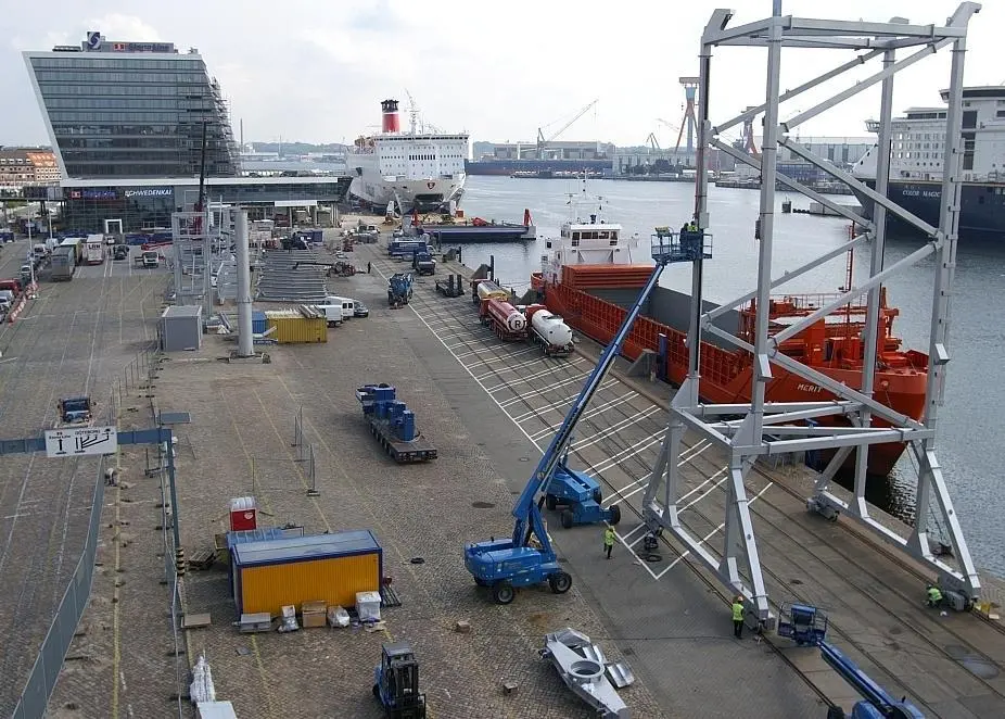 Schwedenkai’s new ro-ro facility and gangway, with the imposing new terminal behind.