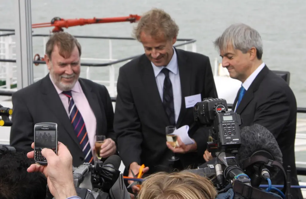 MJ’s Peter Barker joined the mainstream media scrum on board the Pride of Burgundy last week to photograph, left to right, Bob Bayford, Leader Thanet District Council; Øystein Løseth, President and CEO of Vattenfall; and Chris Huhne MP, Secretar...