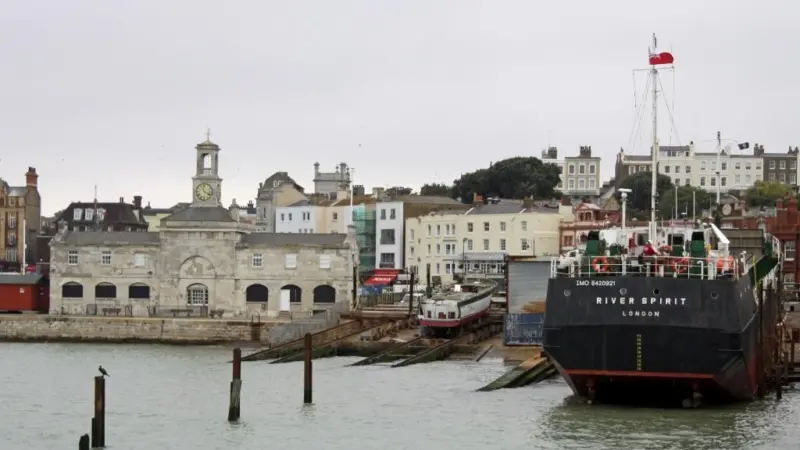 In this photo taken on Tuesday, a coaster occupies the no 1 slipway, with slipways 2, 3 and 4 to the left and then the Ramsgate Maritime Museum. Photo by Peter Barker