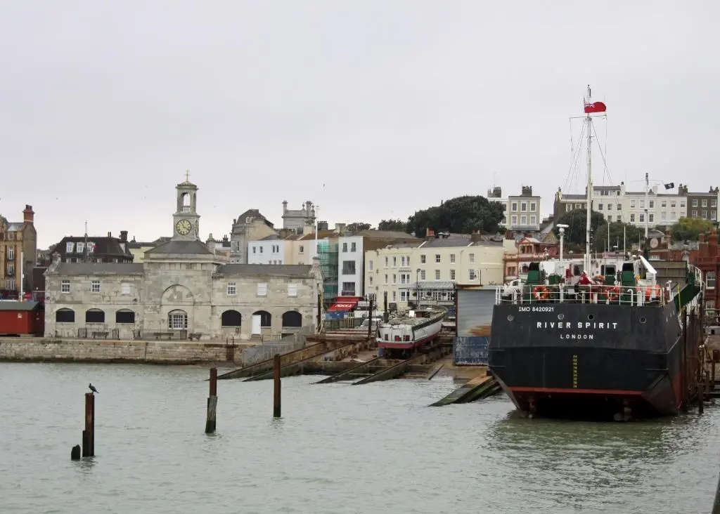 In this photo taken on Tuesday, a coaster occupies the no 1 slipway, with slipways 2, 3 and 4 to the left and then the Ramsgate Maritime Museum. Photo by Peter Barker
