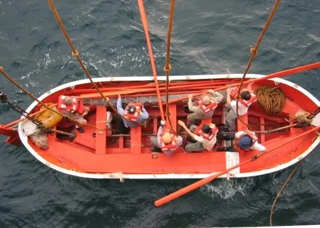 Launching a lifeboat during a mandatory drill.
