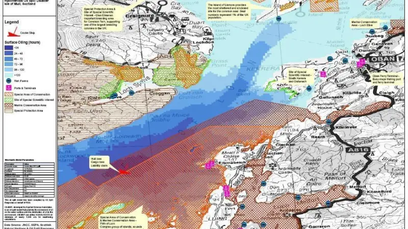 This scenario shows an oil spill of 2.500 tons from a cruise ship over the course of 120 hours.  A full interactive version of the model including further information and source information is available at www.wwfrsapartners.com.