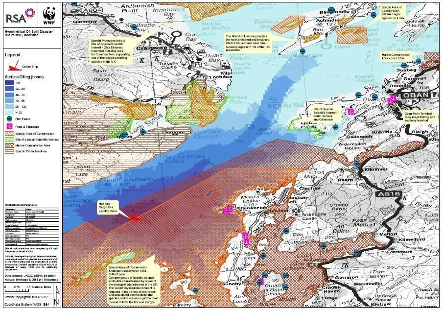 This scenario shows an oil spill of 2.500 tons from a cruise ship over the course of 120 hours.  A full interactive version of the model including further information and source information is available at www.wwfrsapartners.com.