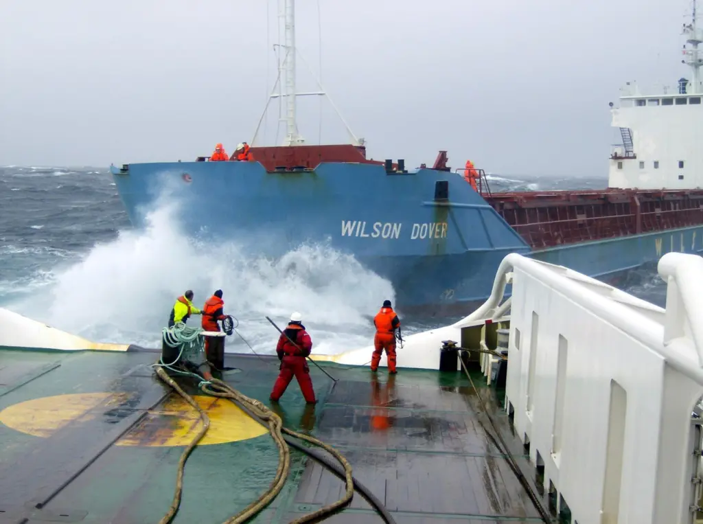ETVs operate in all weathers. Anglian Sovereign take the disabled Wilson Dover in tow 40 miles off Orkney.