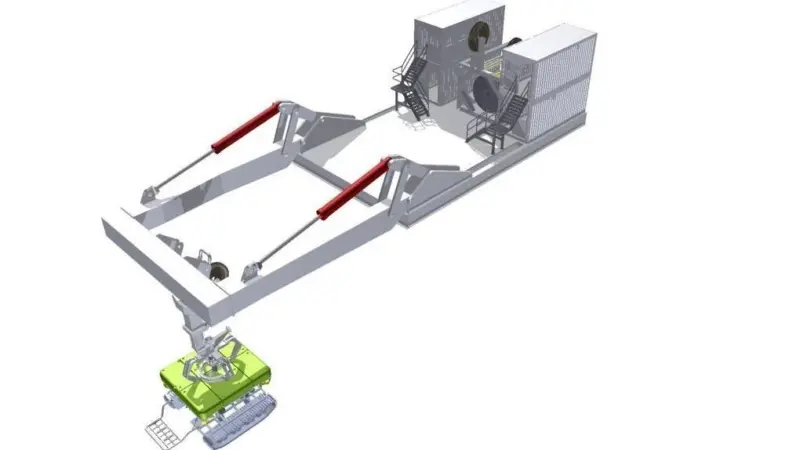 An illustration shows the Launch and Recovery System deploying the ITAT to the seafloor.
