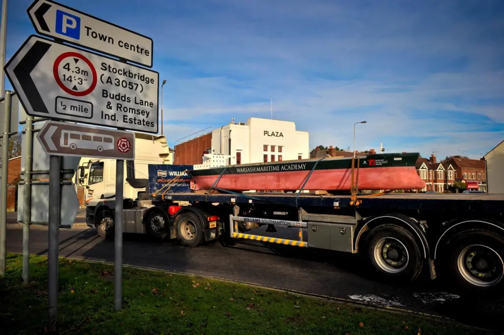 One of the 9m long, five ton manned model ships is seen in transit from Marchwood toTimsbury last month.