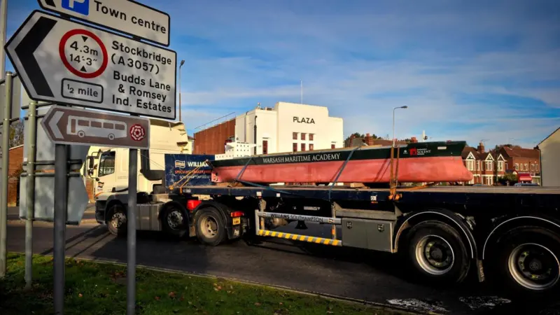 One of the 9m long, five ton manned model ships is seen in transit from Marchwood toTimsbury last month.