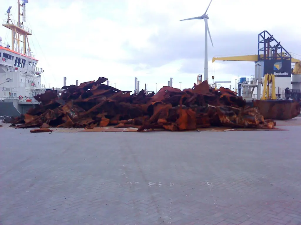 Debris from some of the World War 1 wrecks excavated with Marin Group technology on the quayside at Eemshaven.