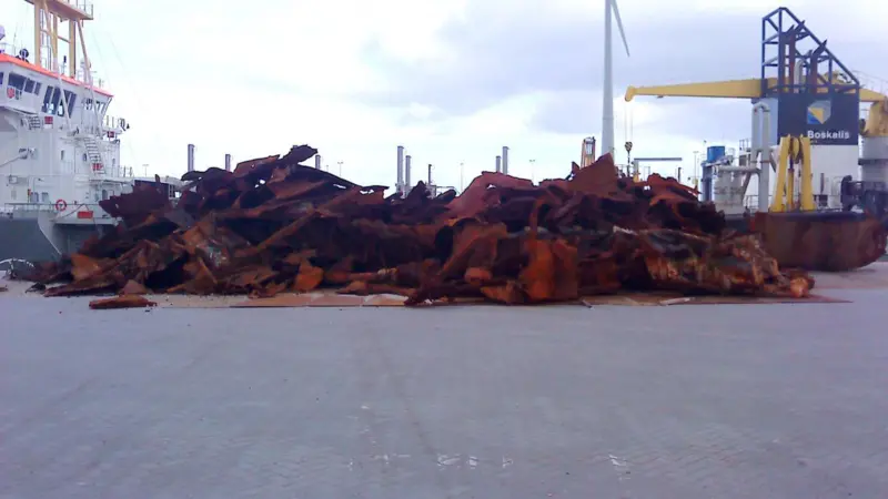 Debris from some of the World War 1 wrecks excavated with Marin Group technology on the quayside at Eemshaven.