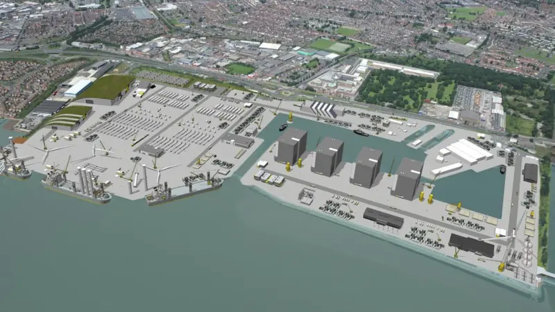 An artist’s impression of the Port of Hull equipped to accommodate substantial marine renewable energy operations.