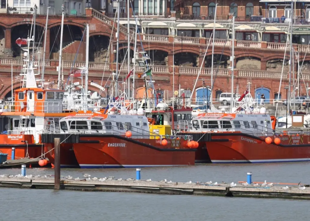 North Sea Logistics support vessels Endeavour and Enterprise are seen in Ramsgate, where they were used by Vestas during construction of the Thanet Offshore Wind Farm. Photo by Peter Barker