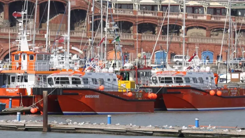 North Sea Logistics support vessels Endeavour and Enterprise are seen in Ramsgate, where they were used by Vestas during construction of the Thanet Offshore Wind Farm. Photo by Peter Barker