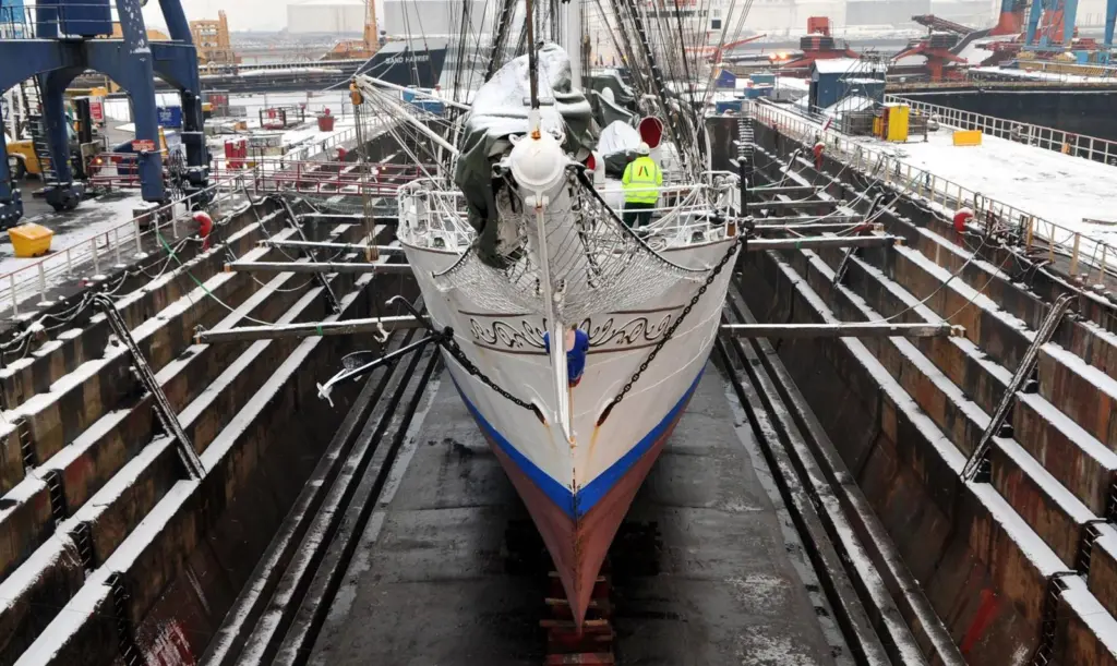 Snow did not halt restoration works on the Christian Radich, seen in drydock last month at A&P Tees.