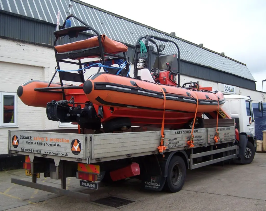 One of the P&O RIBs arriving on a low loader at Cosalt's Lowestoft branch prior to servicing.