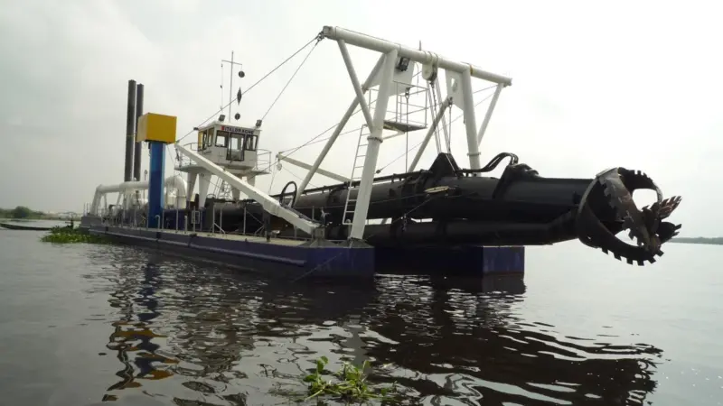 The newbuild cutter suction dredger is seen on site in Nigeria.