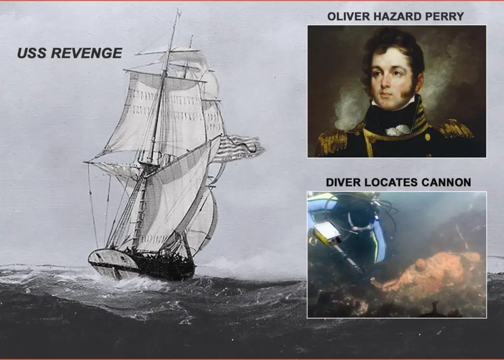 The USS Revenge, its captain Oliver Hazard Perry, and one of the divers with the Fishers Pulse 8X metal detector which discovered the cannon on the wreck site.