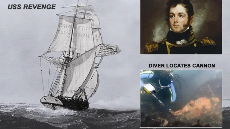 The USS Revenge, its captain Oliver Hazard Perry, and one of the divers with the Fishers Pulse 8X metal detector which discovered the cannon on the wreck site.