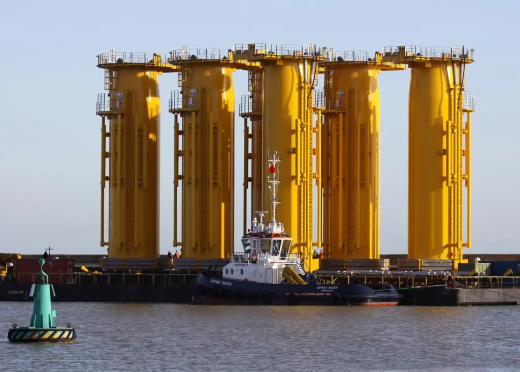 Transition pieces for the Thanet Wind Farm are seen in the Port of Ramsgate. Photo by Peter Barker
